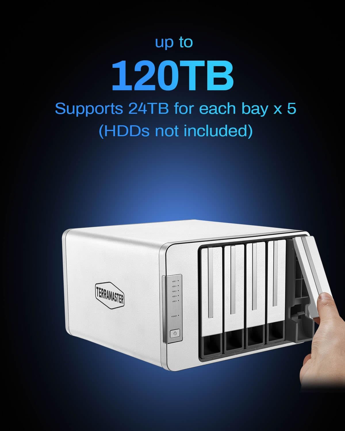 TERRAMASTER D5-310 with a hand inserting a hard drive into a bay.