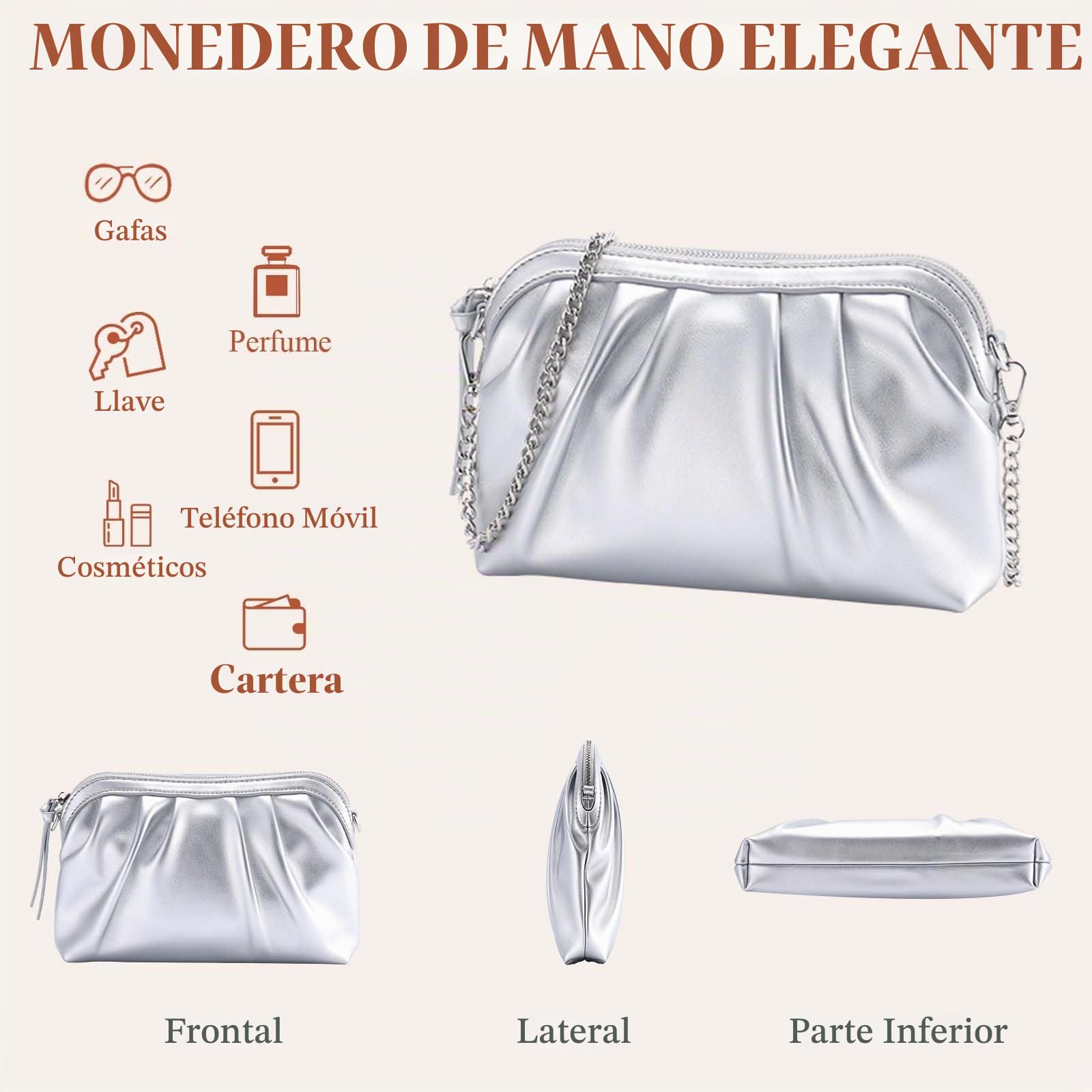 VASCHY Bolso Fiesta Mujer Cuero con Correa de Hombro Extraíble | Bolso Dorado Forma Concha Plisado,Cierre Superior de Cremallera,Bolsillos internos,Uso al Hombro o Cruzado