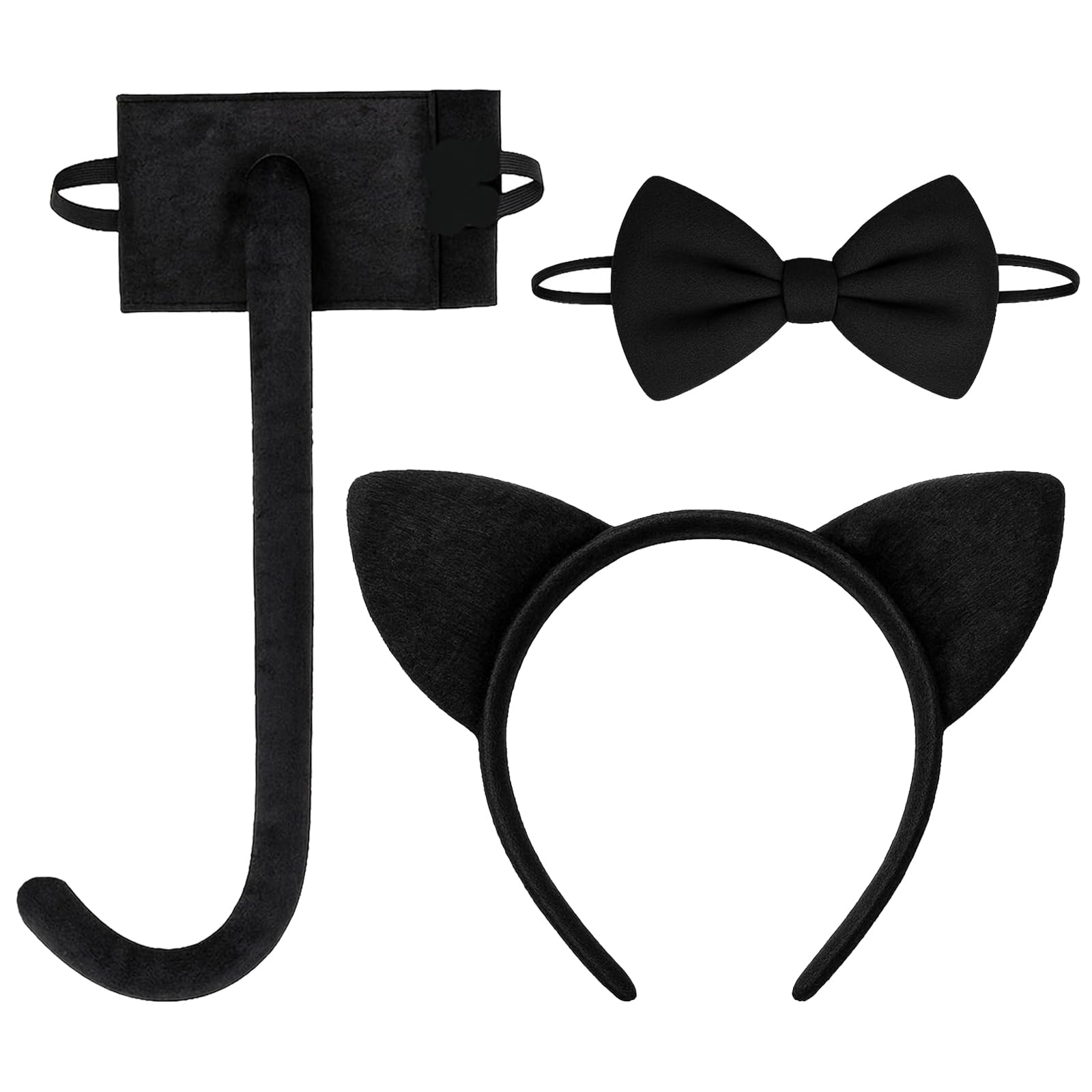 ZPSCXQ 3 Pcs Cat Ears and Tail Set with Bells, Black Cat Costume Accessories for World Book Day and Halloween Parties, Animal Costume Set with Kitten Ears Headband and Long Tail Bow Tie
