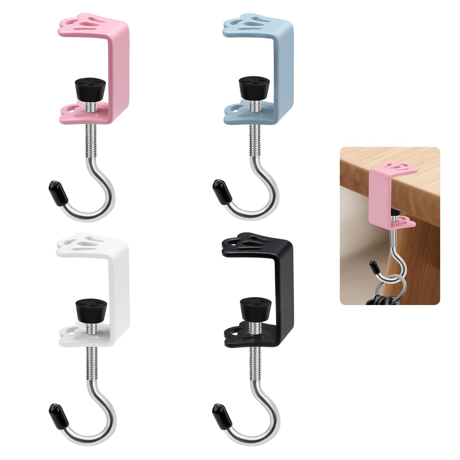 Diakey Multicolor 4 Pack Purse Hook For Table, Clamp-On Anti-Scratch Purse Hanger, Metal Bag Holder Under Desk For Handbag, Backpack, Headphone, Umbrella, Single Hook