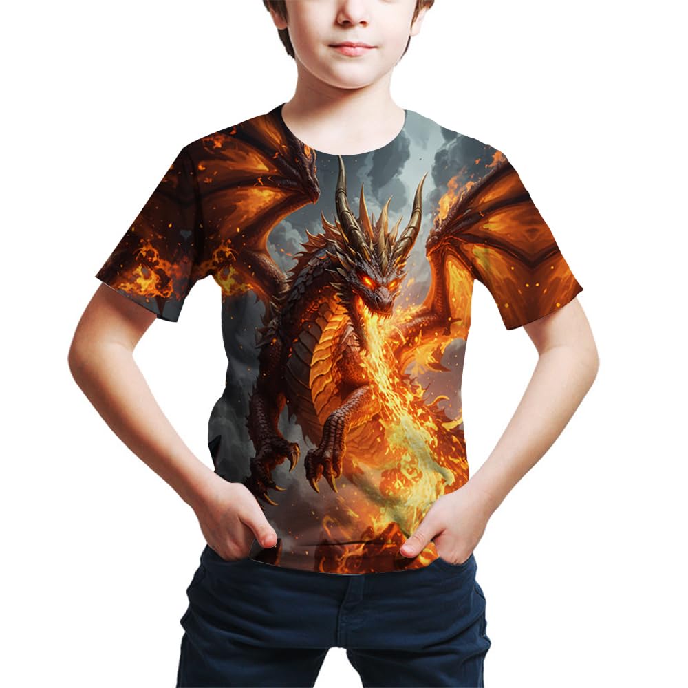 FiveEarl Kids Print 3D Dragon Tees Shirts for Youth Boys Girls 4-14 Years