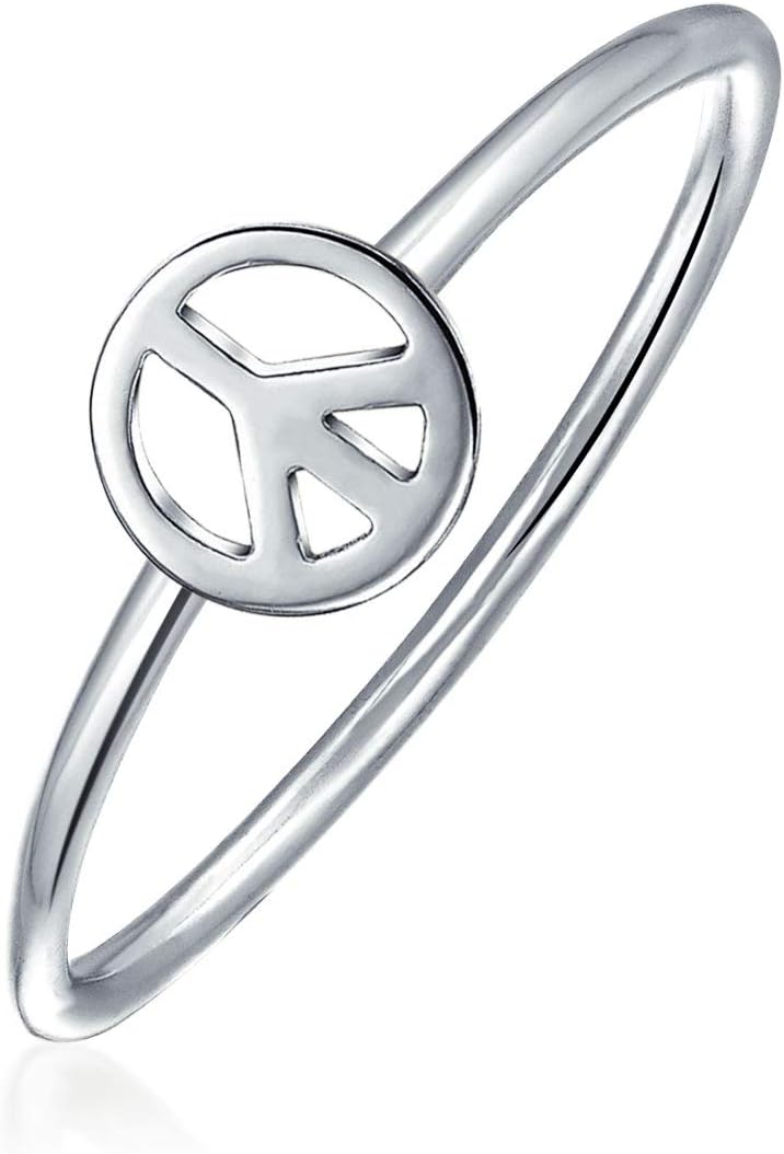 Bling Jewelry Retro Simple Plain .925 Sterling Silver Open Symbol World Peace Sign Ring with Spilt Shank Band For Teen Women's