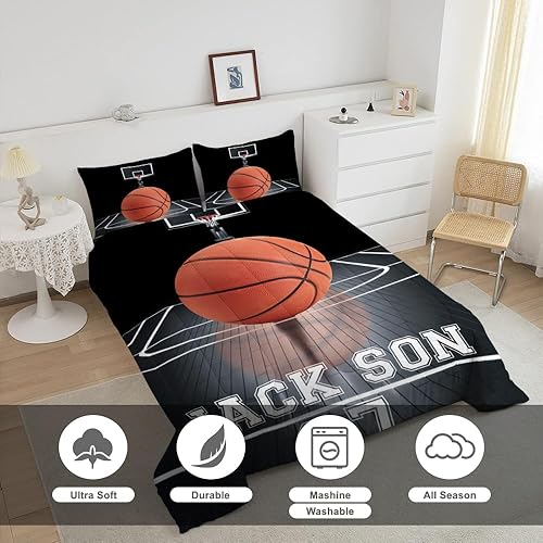 Miniatura 2 de Juego de edredón personalizado de baloncesto tamaño matrimonial para niños, adolescentes y hombres, edredón negro de corte con 1 edredón y 2 fundas