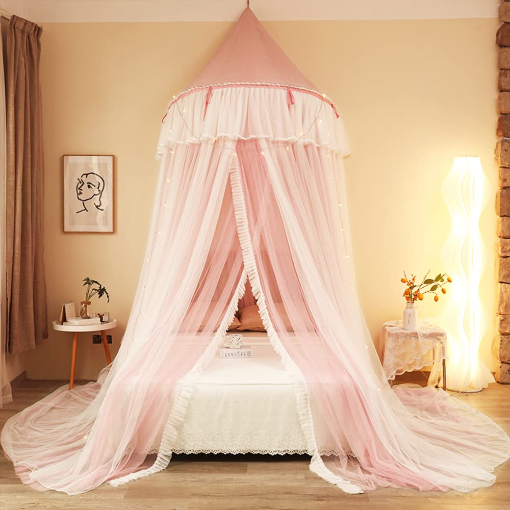 Akiky Princess Bed Canopy for Girls Pink Bed Canopy Curtains with LED Lights Lace Mosquito Net Double Layer Sheer Curtains