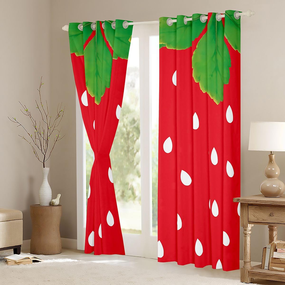 Homemissing Trattamenti per finestre con fragole carine, 2 pannelli L 132 x L 163 tende oscuranti con fragole rosse decorazioni per stanze verdi tende con frutta carine per camera da letto soggiorno