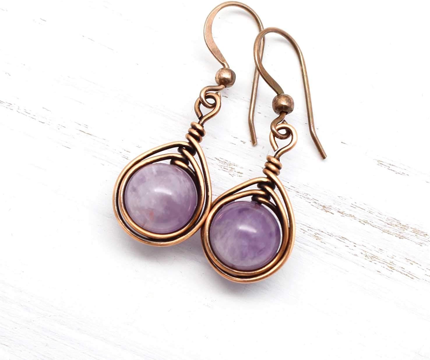 Pillar of Salt Studio Handcrafted Solid Copper Earrings with Lavender Amethyst Gemstone (Antiqued Copper, 1" drop)