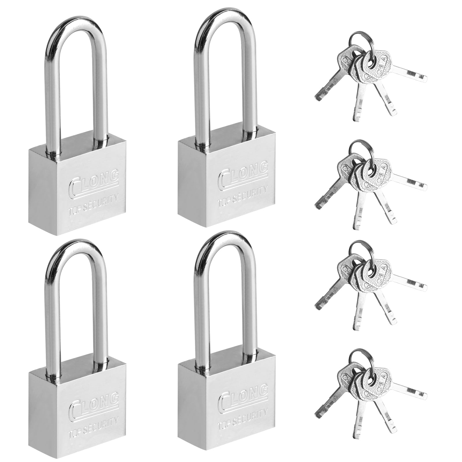 4 Pack Heavy Duty Long Shackle Padlocks with Keys, Weatherproof Outdoor Lock for Shed, Gym Locker, Fence, Gate, Garage & Suitcase, Secure Keyed Access for Home & Garden