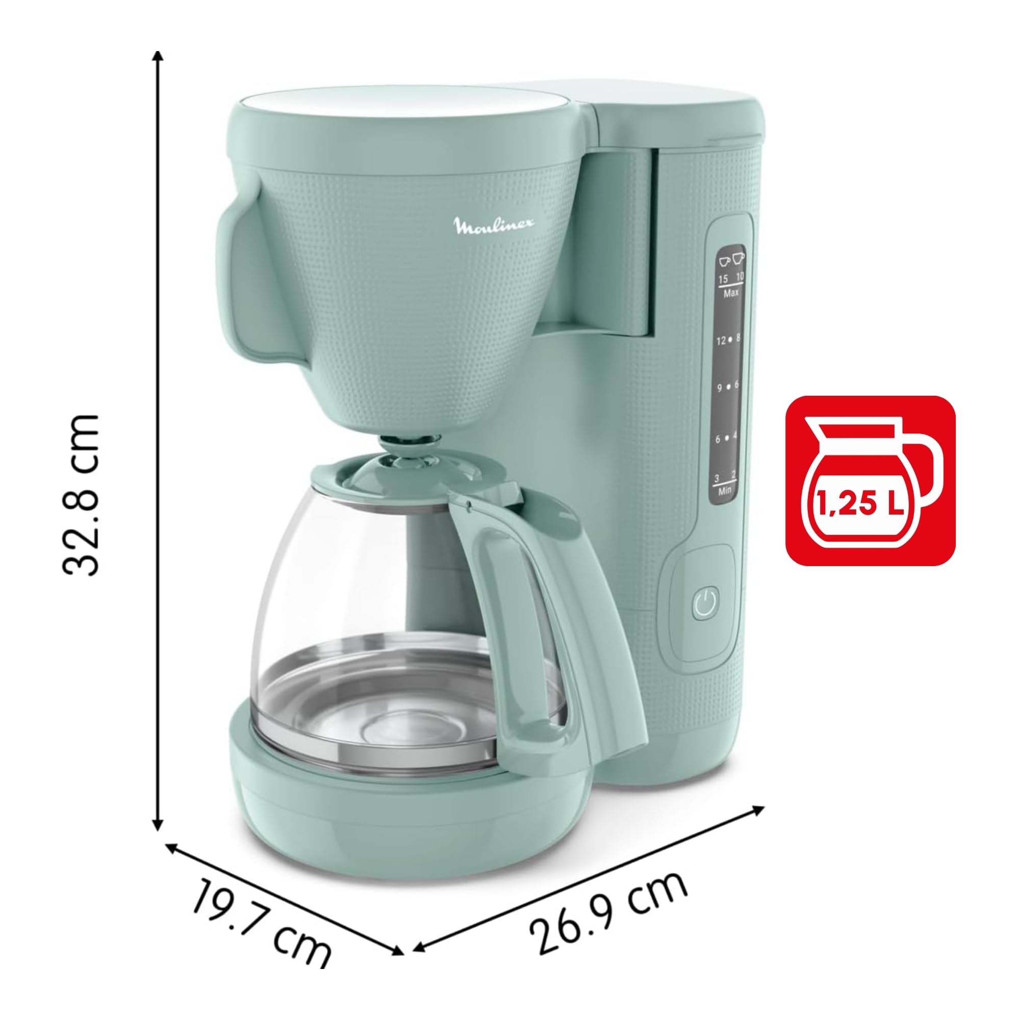 Moulinex Przelewowy ekspres do kawy, 10-15 filiżanek, 1,25 l, obrotowy uchwyt filtra, system zapobiegający kapaniu, utrzymywanie ciepła, Morning, eukaliptus, FG2M1310