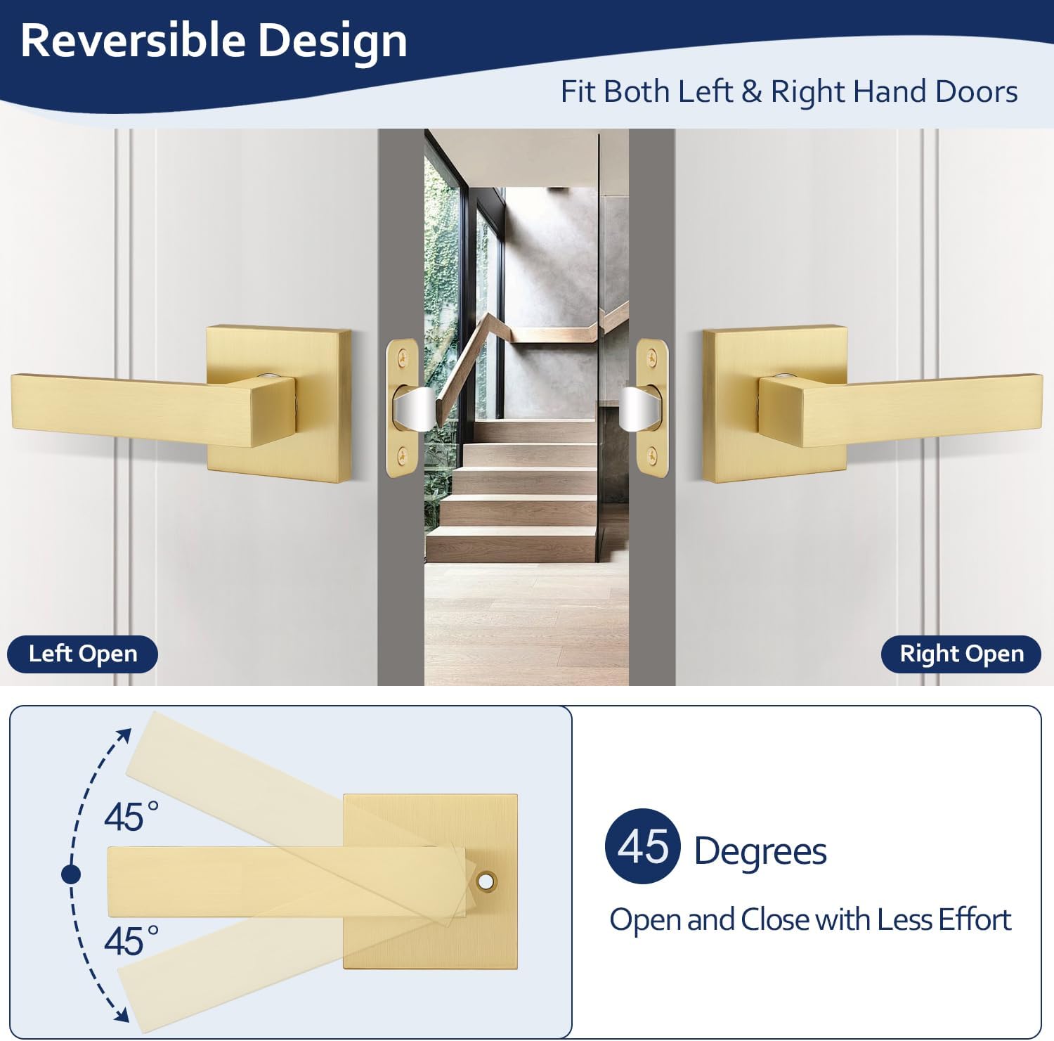 1 Pack Gold Door Handles Interior, Closet Door Knobs No Lock, Keyless Passage Door Knob, Square Hallway Door Lever, Reversible for Left & Right Hand Doors, Satin Brass Finish