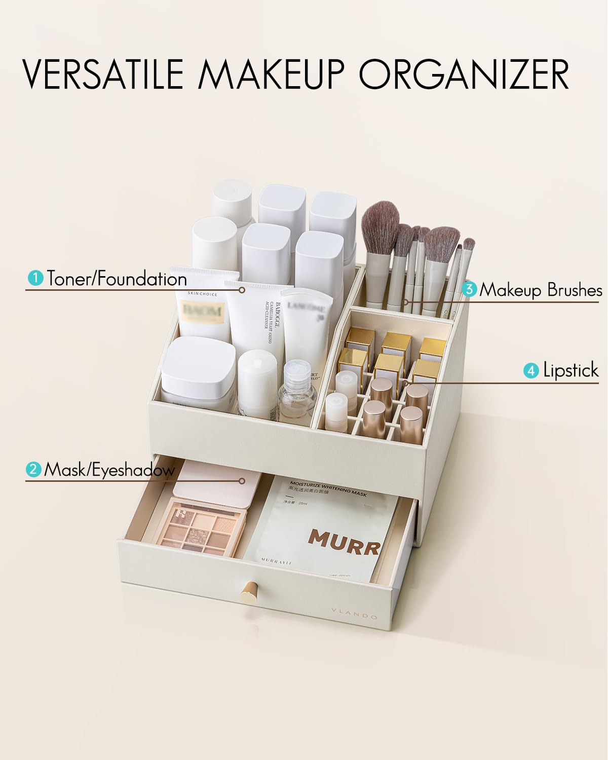 Vlando Organizer per trucchi con cassetti, organizer per cosmetici in pelle PU, organizer per profumi, grande espositore per rossetti, profumi, pennelli, regalo per donne, beige