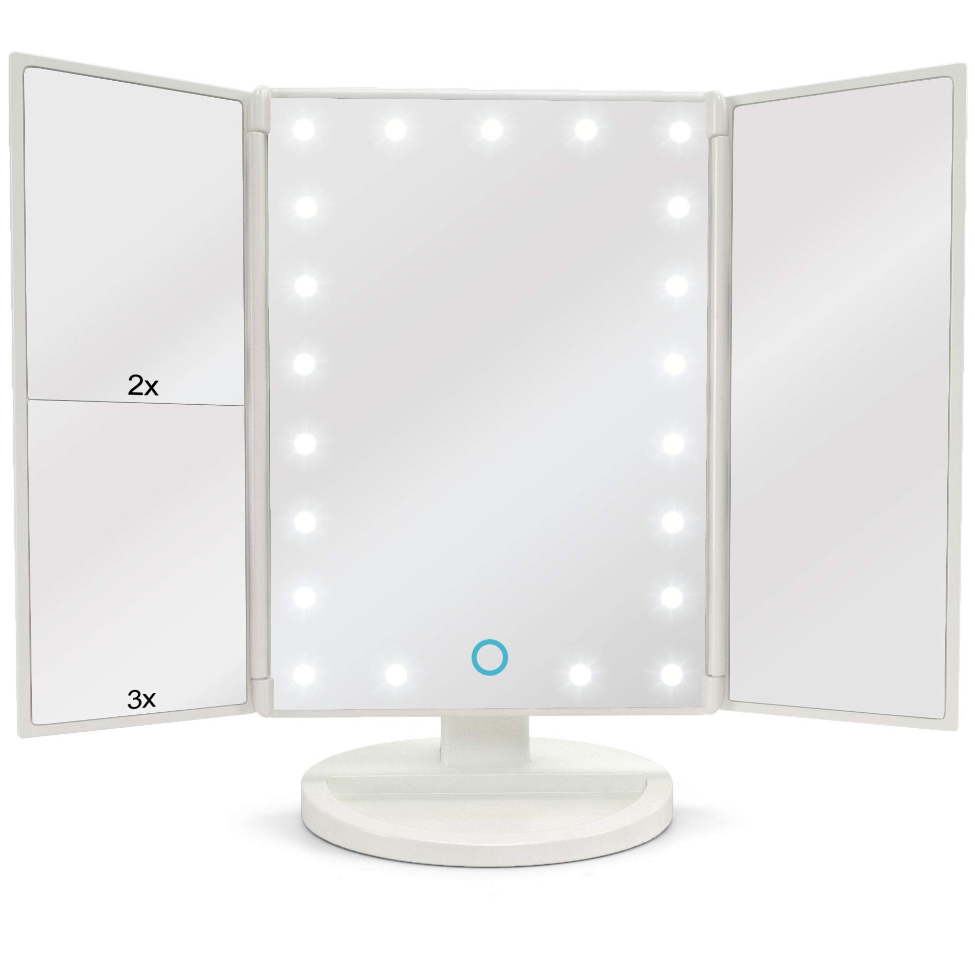 Makeup Vanity Mirror with LED Lights BUNDLE 7 Piece Bonus Brush Set Magnification 1x2x3 Portable Trifold Lighted Mirrors Dual Power Xtra Long USB Cable (White)