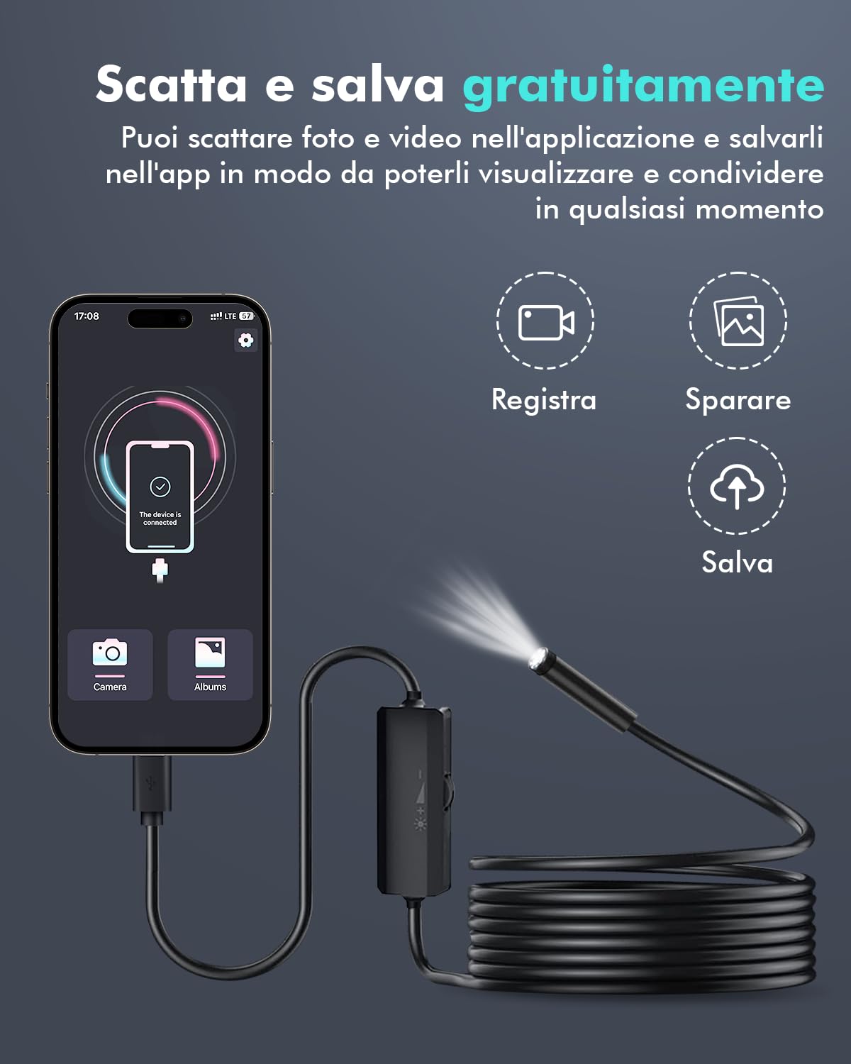 1920P HD Endoscopio Per Ispezione Serpente, Endoscopio per Smartphone con 8 LED, Sonda Telecamera Impermeabile Semirigido, Funziona con Smartphone Android e iOS, iPad (16,5FT/5M)