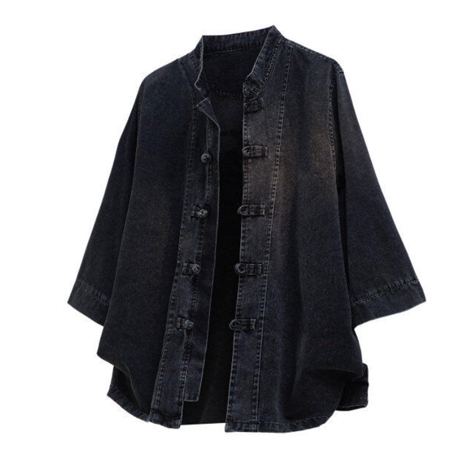 Giacca Da Uomo in Denim Vintage Tradizionale Con Collo Alto Bottoni A Forma Di Rana Maniche Lunghe E Vestibilità Ampia in Tessuto Jeans A Tinta Unita