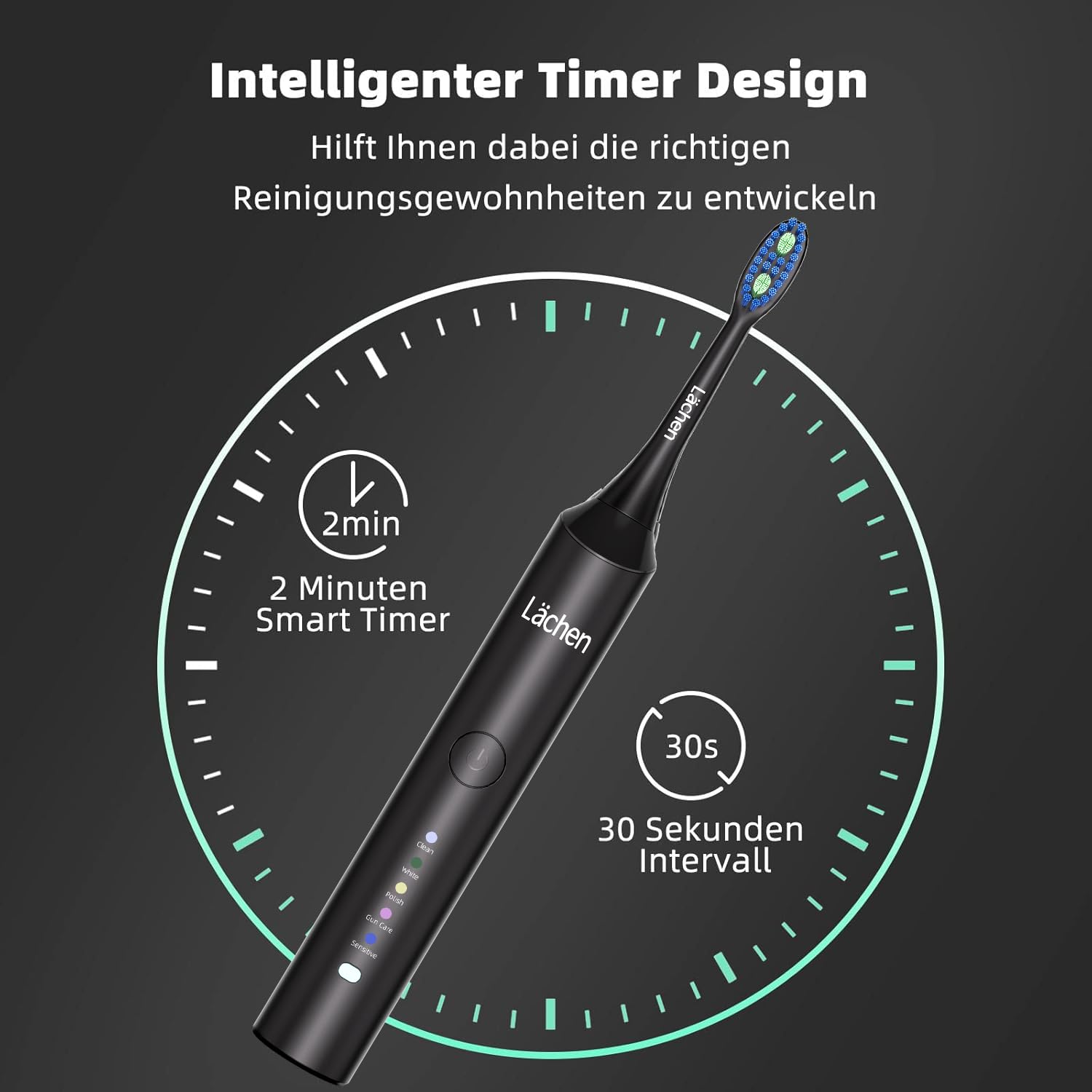 Lächen Spazzolino elettrico sonico, 5 modalità, spazzolino elettrico sonico con custodia da viaggio, 4 testine di ricambio, ricarica USB per 60 giorni, timer, IPX7, impermeabile, nero