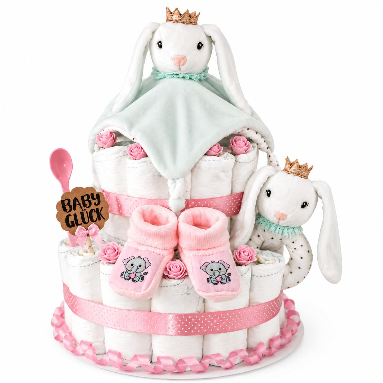 Handgefertigte Windeltorte Mädchen - Baby Geschenk zur Geburt & Babyparty mit Schmusetuch, Babyrassel, Booties & Deko
