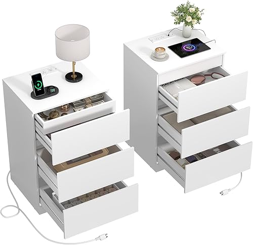 Juego de 2 mesitas de noche, 26 pulgadas de alto con cajón oculto, mesita de noche con estación de carga, 4 cajones, mesita de noche moderna para