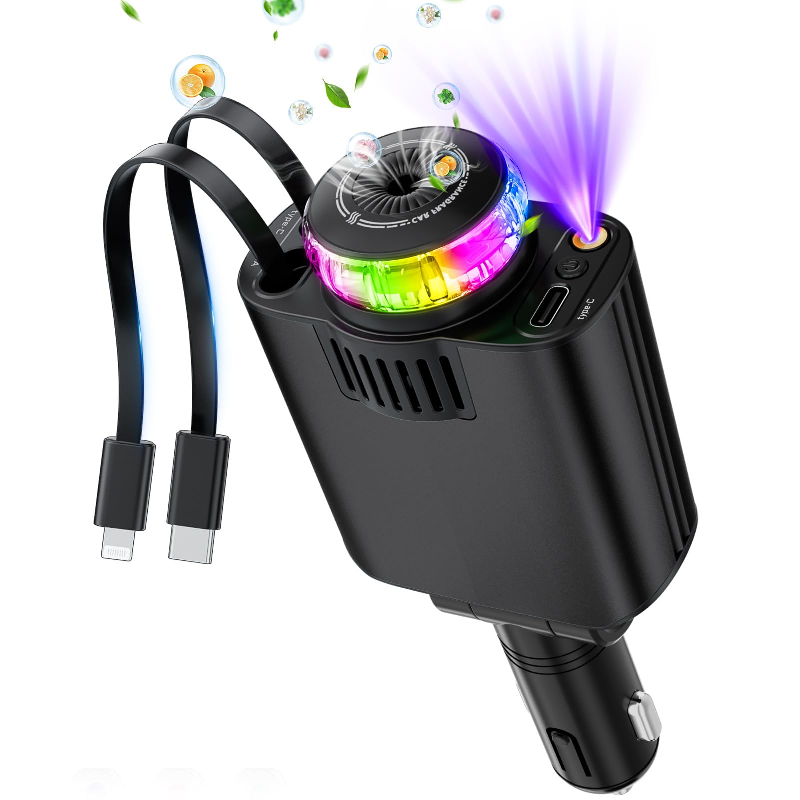 Starlight Retractable Car Charger with Aromatherapy, 5 in 1 Fast Charging 66W Car Phone Charger Adapter, USB C Car Accessories Compatible with iPhone 16/15/14/13/12/11 and Android (Black)-image-18