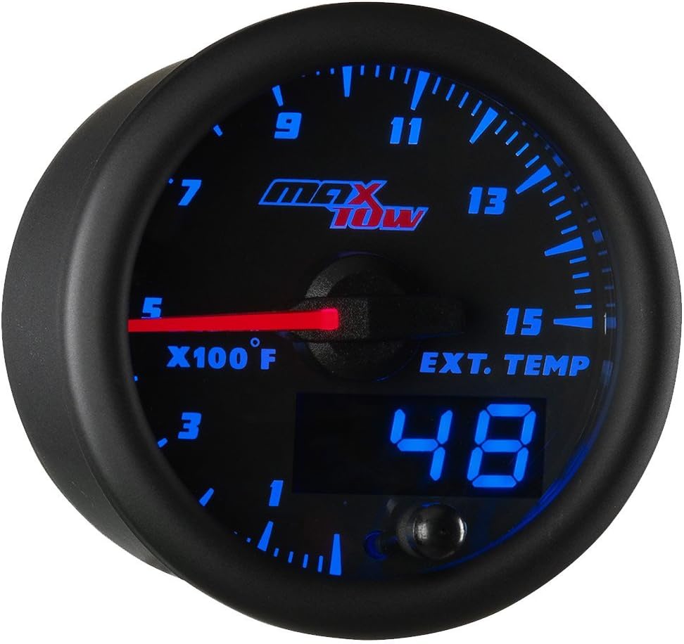 MaxTow Double Vision 1500 F Pyrometer Exhaust Gas Temperature EGT Gauge Kit - Includes Type K Probe - Black Gauge Face - Blue LED Dial - Analog & Digital Readouts - for Diesel Trucks - 2-1/16" 52mm