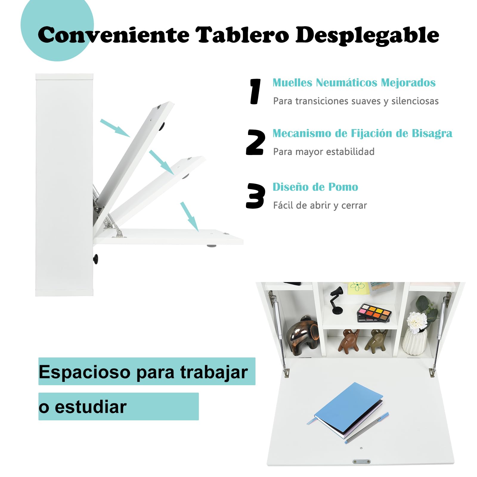 COSTWAY Mesa Plegable Pared, Estantes y Cajón, Escritorio Plegable Pared Oficina Cocina Espacios Pequeños, 60 x 15 x 57 cm, Mesa Abatible de Pared (Blanco)