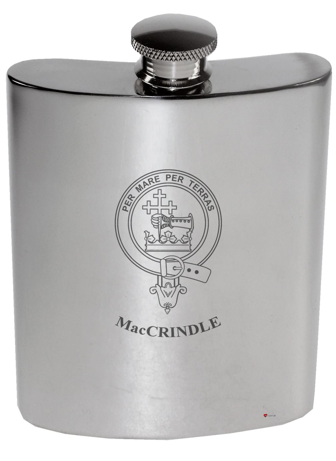 Flacon de rein MacCrindle en étain pur poli 6 oz avec crête de famille