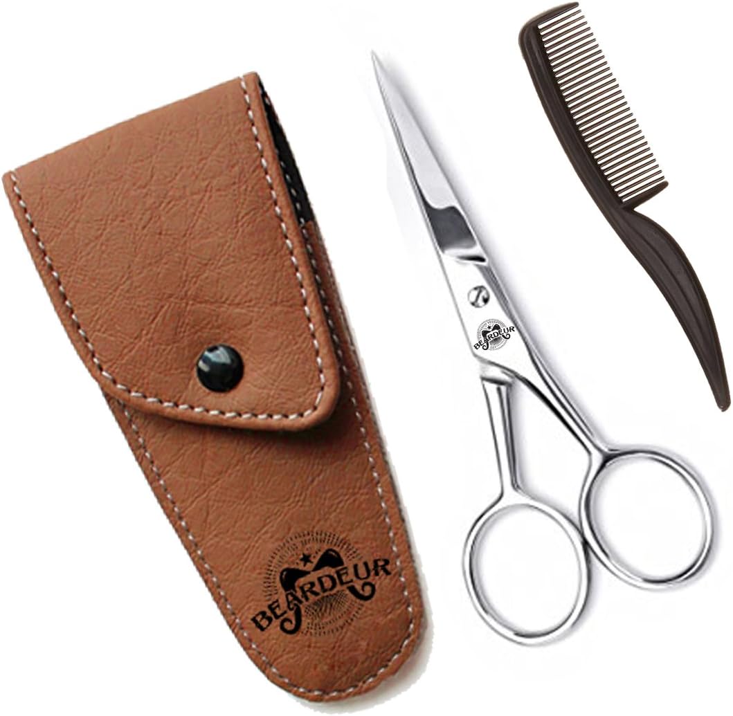 Beard Trimming Scissors & Comb-Professional Moustache Trimming Kit-Faux Leather Case Included-Heavy-Duty Shears With Ergonomic Grip & Openings-Great Gift Idea For Every Man