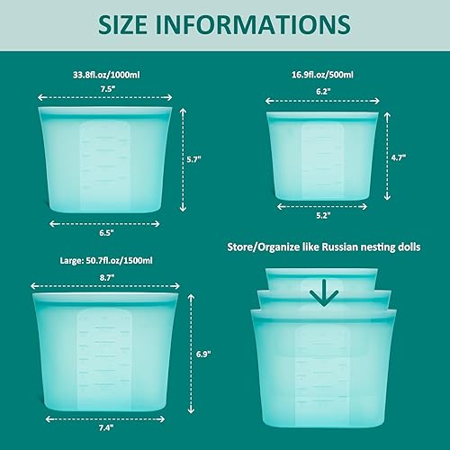 Miniatura 6 de Paquete de 8 bolsas reutilizables de silicona para almacenamiento de alimentos, 100% silicona con cierre de cremallera de apertura amplia, bolsas de