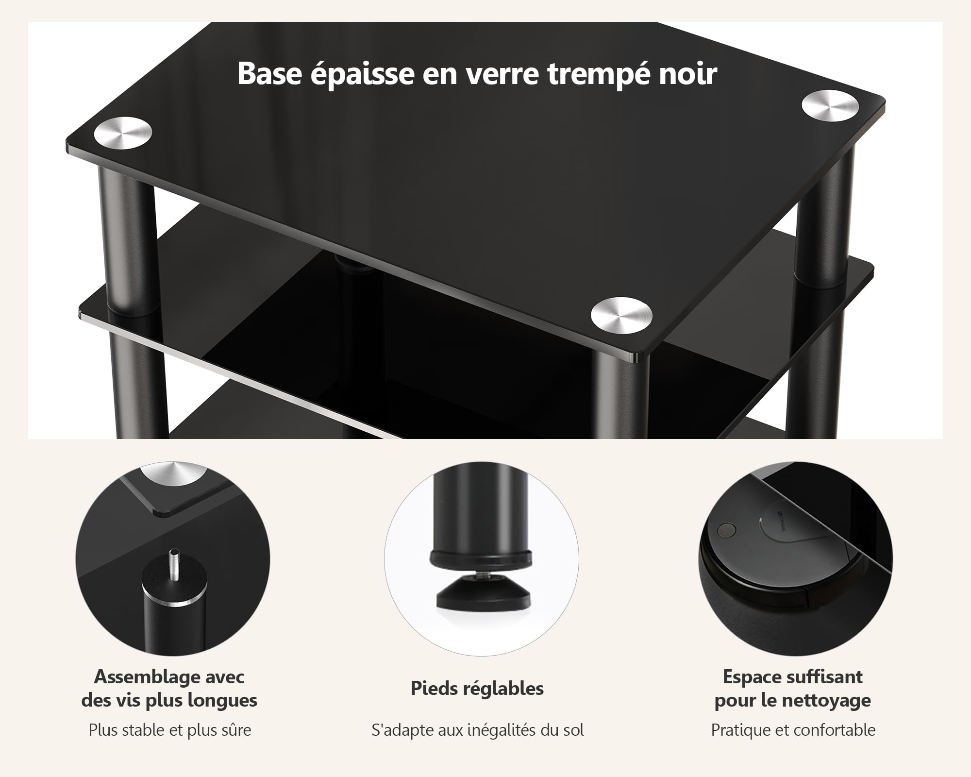 FITUEYES Meuble HiFi Verre Trempé Noir 4 Niveaux Hauteur Réglable 60×46×77 cm Charge 40 kg
