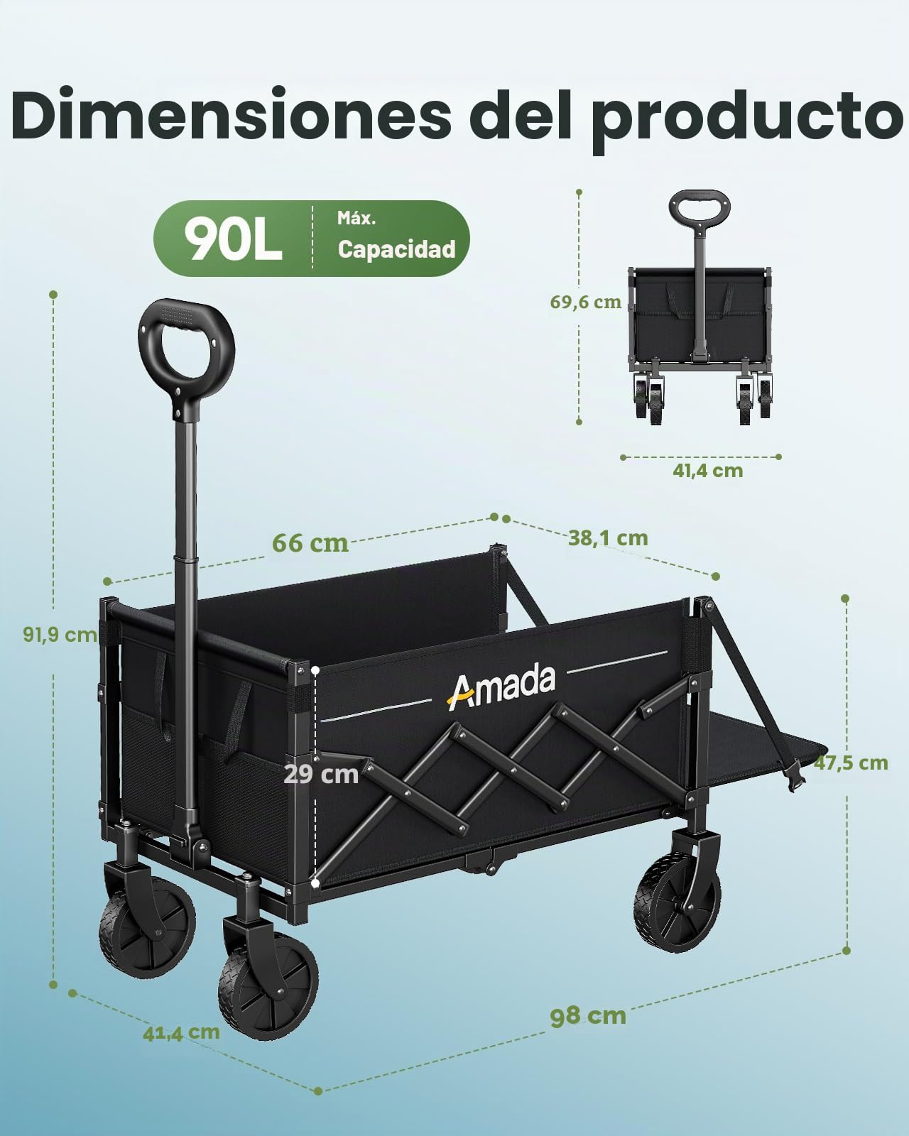 AMADA HOMEFURNISHING Carro Plegable con Carga máxima de 360 Libras y Almacenamiento expandible, Carrito de comestibles Plegable Resistente con 2 portavasos para Exteriores, comestibles, jardín y