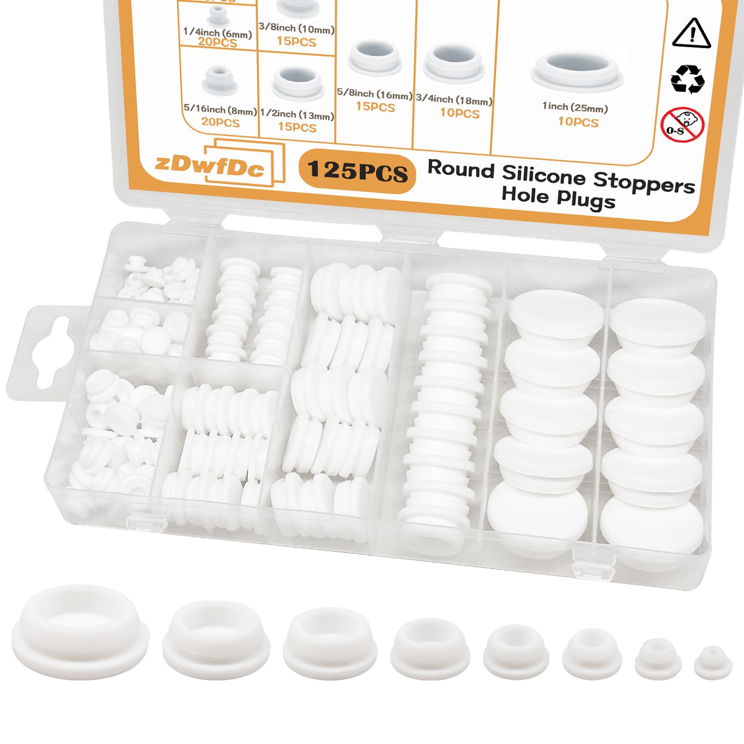 125PCS 8 Sizes White Rubber Plug Silicone Plugs for Round Holes, 1" 3/4" 5/8" 1/2" 3/8" 5/16" 1/4" 1/5" Round Hole Plugs Snap Locking, Used for Furniture DD028-w