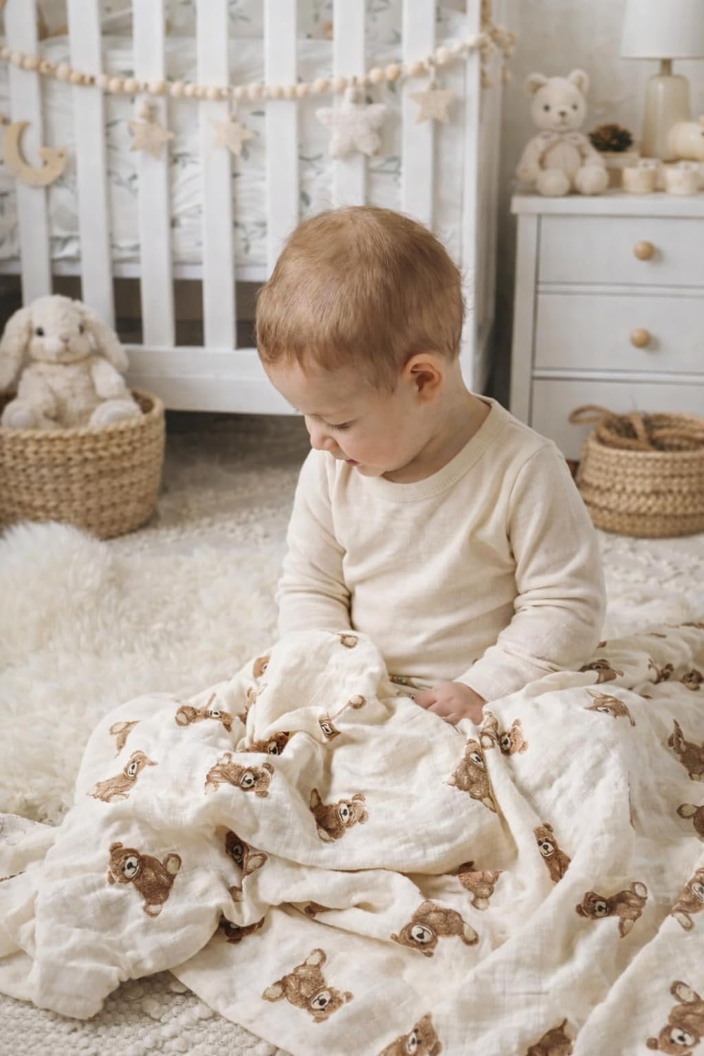 Ali+Oli Muślinowy koc do przewijania (Teddy Bear) duży rozmiar 119 cm x 120 cm miękki koc z bambusa i bawełny organicznej muślinu, koc dla noworodka i małego dziecka, można prać w pralce, muślinowy