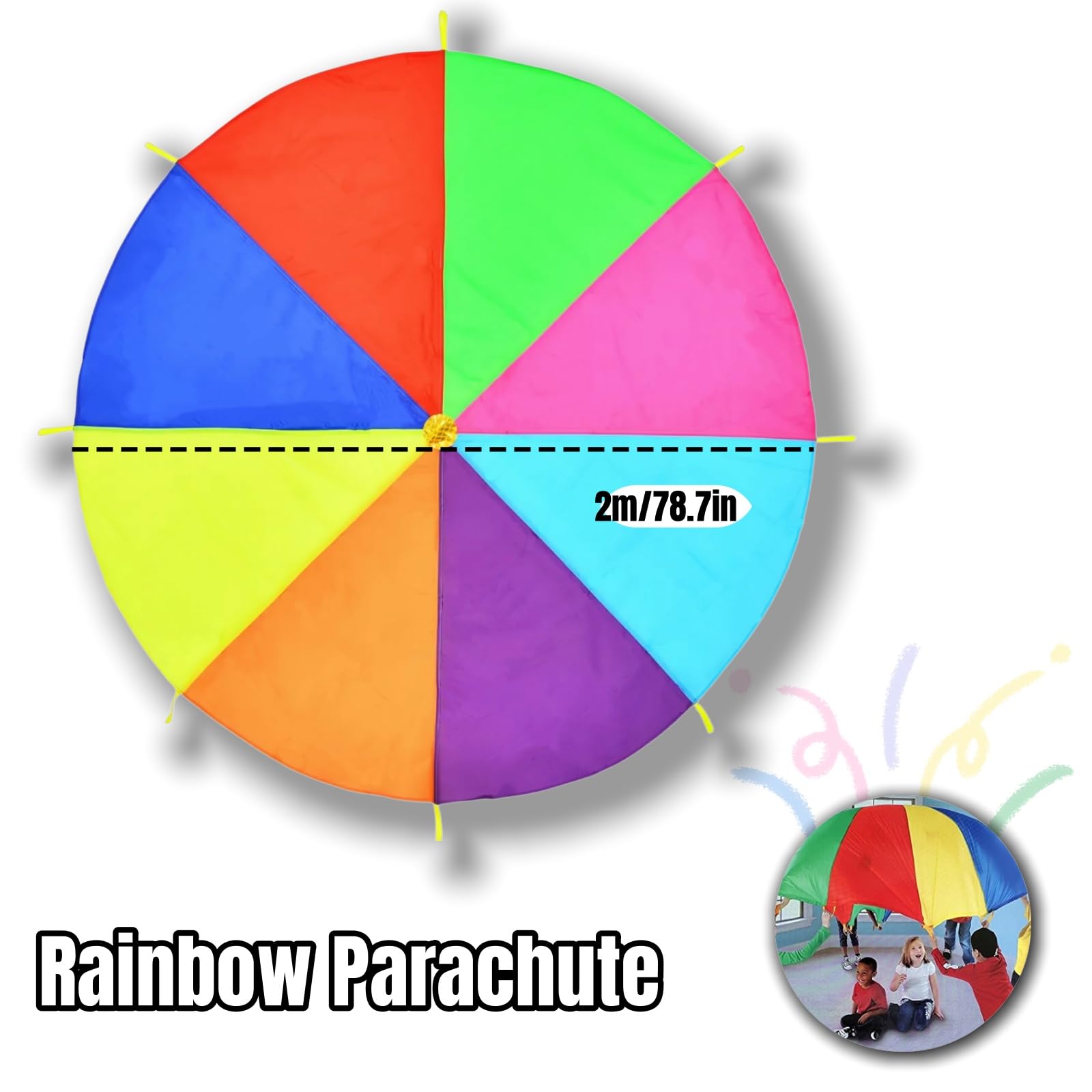 Tokaneit Arcobaleno Paracadute Giocattolo, Paracadute Bambini Multicolore, Diametro di 2m con 8 Maniglie, Motivo Arcobaleno, per Interni Ed Esterni Giocattolo Eserciz, Bambini Fitness Party Set