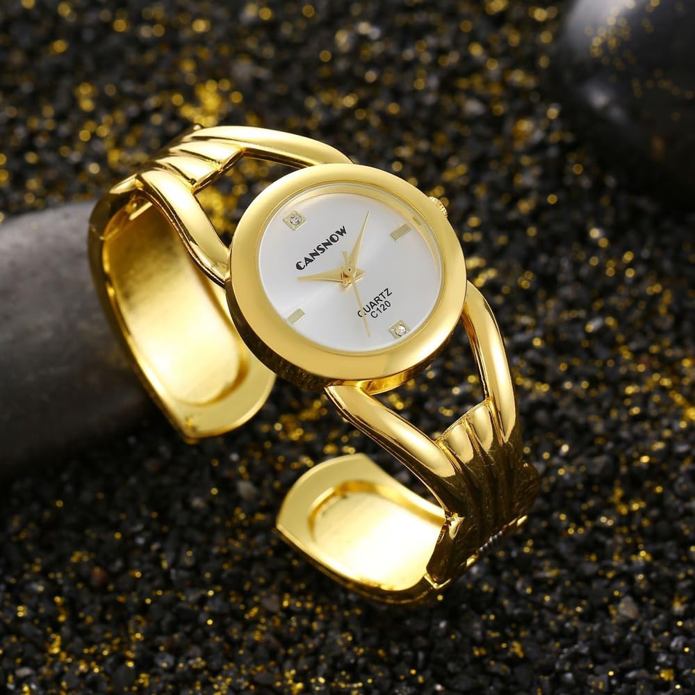 Weicam Women Simple Gold Round Dial Cuff Bangle Bracelet Analog Quartz Wristwatch - Image 5