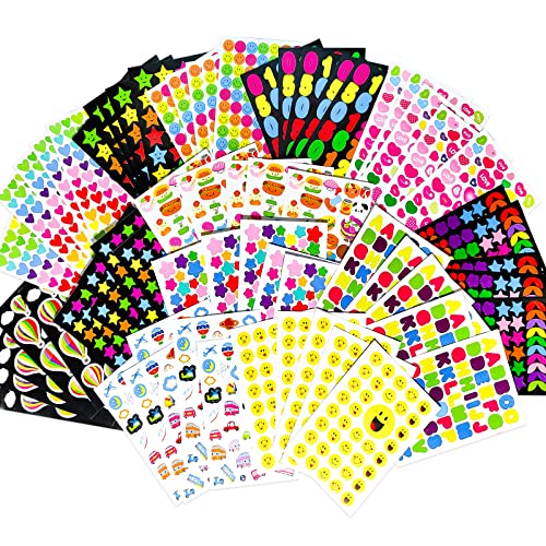 Lot de 65 Gommettes Autocollantes Enfants, MOKIU Autocollant en Coeur Étoiles Pois Colorés Autocollants de récompense pour Scrapbooking,Loisirs Creatifs,Activités Manuelles,Album DIY……