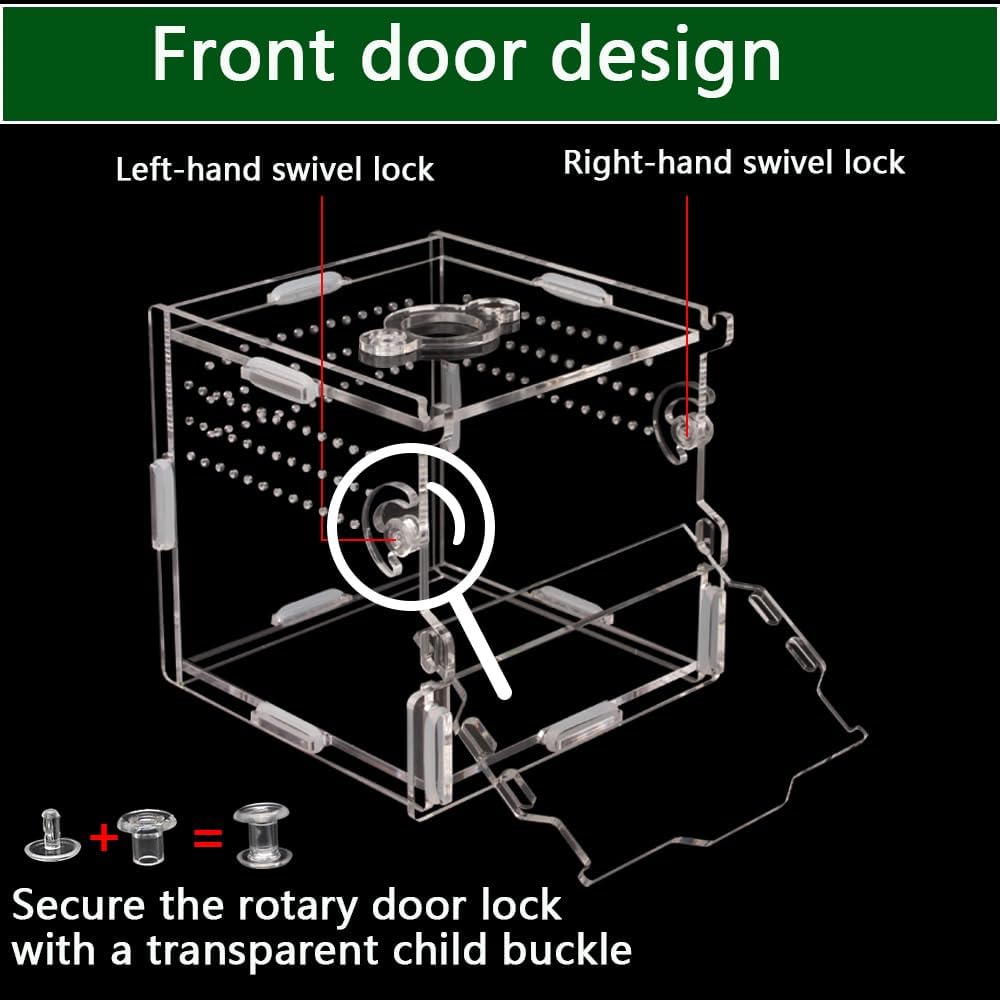 Jumping Spider Enclosure 4x4x4 Acrylic Clear Cage | Rotating Lock Front Door，Magnetic Top Feeding Port，1mm Side Ventilation Holes