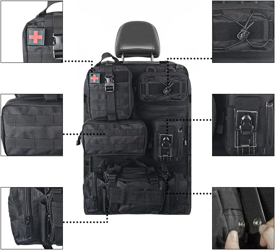 Universal Tactical Seat ​Back Organizer Vehicle Molle Panel Organizer Storage Bag with 5 Detachable Molle Pouch for All Vehicel Such as Jeep,Truck,SUV, Car, Ford,Chevy etc