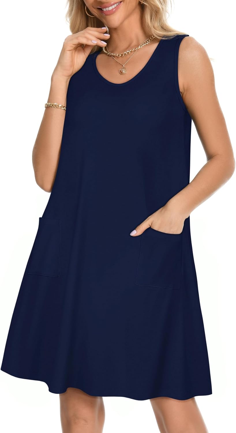 elescat Womens Summer Dresses Casual V Neck Sleeveless Pockets Beach Loose Tank Sundress - Image 4