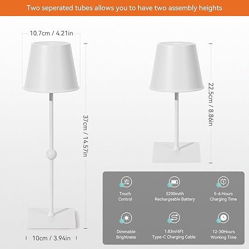 Miniatura 3 de Lámpara de mesa inalámbrica, funciona con pilas de 5200 mAh, 3 modos de luz, lámpara de mesa recargable para sala de estar, al aire libre (1 unidad