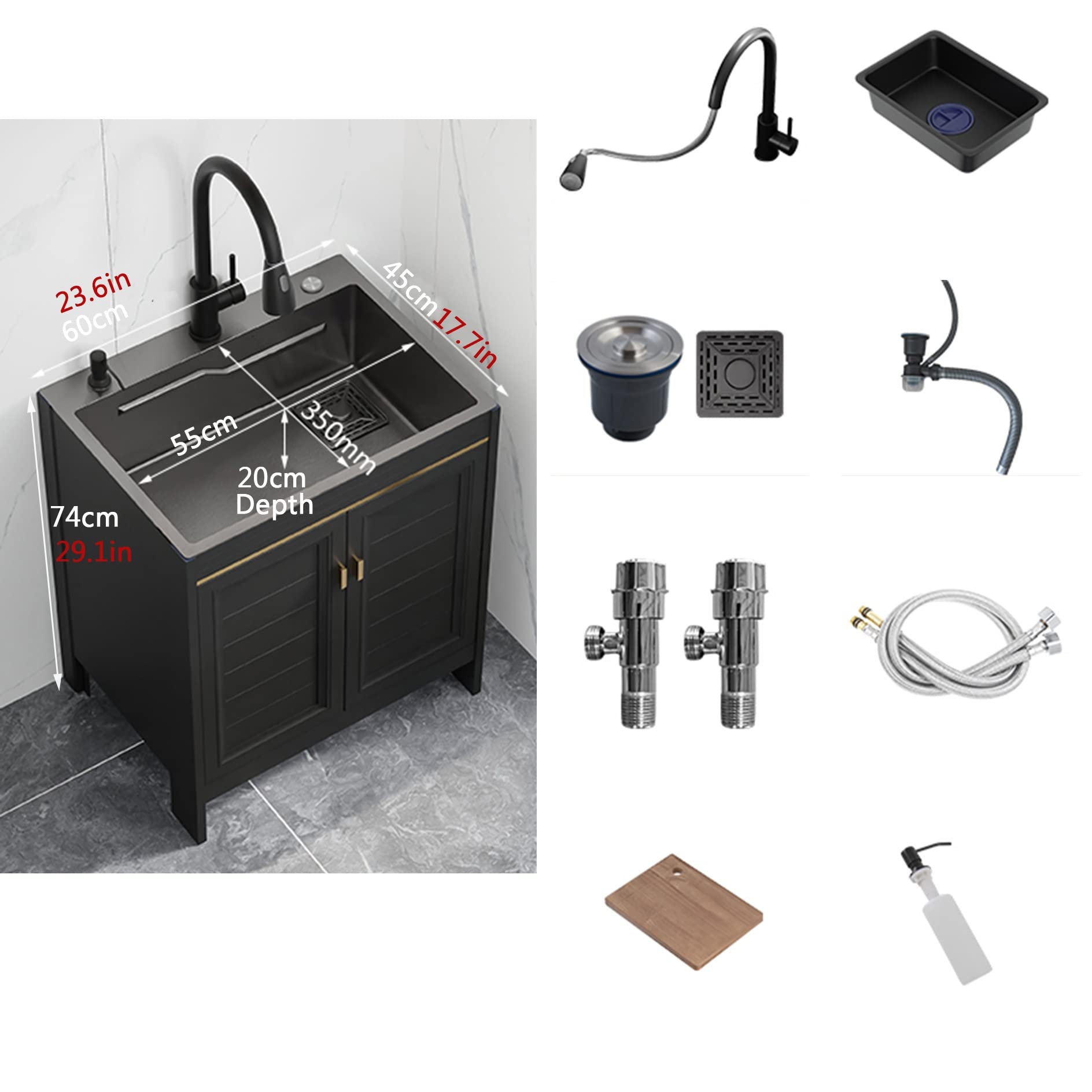 Spülbecken Edelstahl Küchenspüle mit Unterschrank,Nano-Universalspüle mit Ausziehbarem Wasserhahn,Überlauf,Kratzfest Frostschutz-Beschichtung,für Wäsche Hinterhof Garage Camping ( Size : 60*45*74cm/23