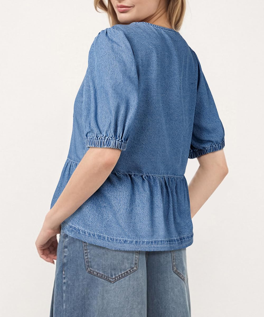 Denim Chemises pour Les Femmes à la Mode Round Neck Pullover Lace Up Puff Manches Courtes Lavé Chambray Blouse Tops