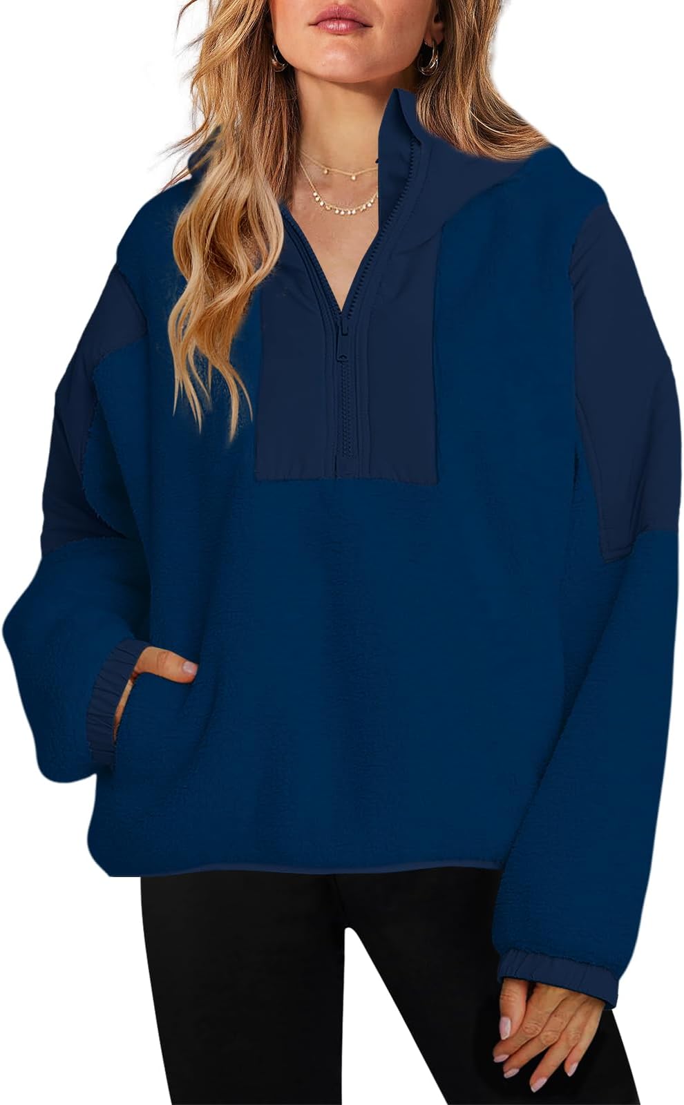 ReachMe Womens Fleece Hoodie Oversized Sherpa Jacket with Pockets Half Zip Sweatshirt Fuzzy Pullover Coats