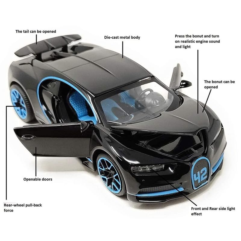Image of New 1:32 Chiron Diecast Alloy Metal Pull Back Car with Openable Doors Music Sound and Light Vehicle Toy Car for Kids Boys (Blue)