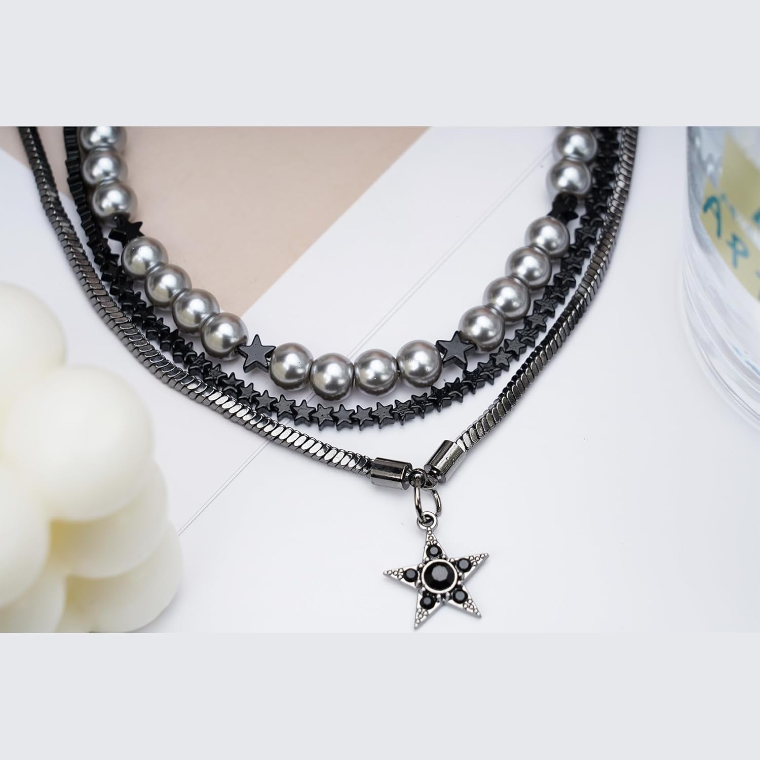 Pearl Statement Necklace for Women, Layered Pearl Necklaces with Rinestone Star, Dainty Black Stackable Choker Necklaces, Pearl Jewelry Set for Women Gifts