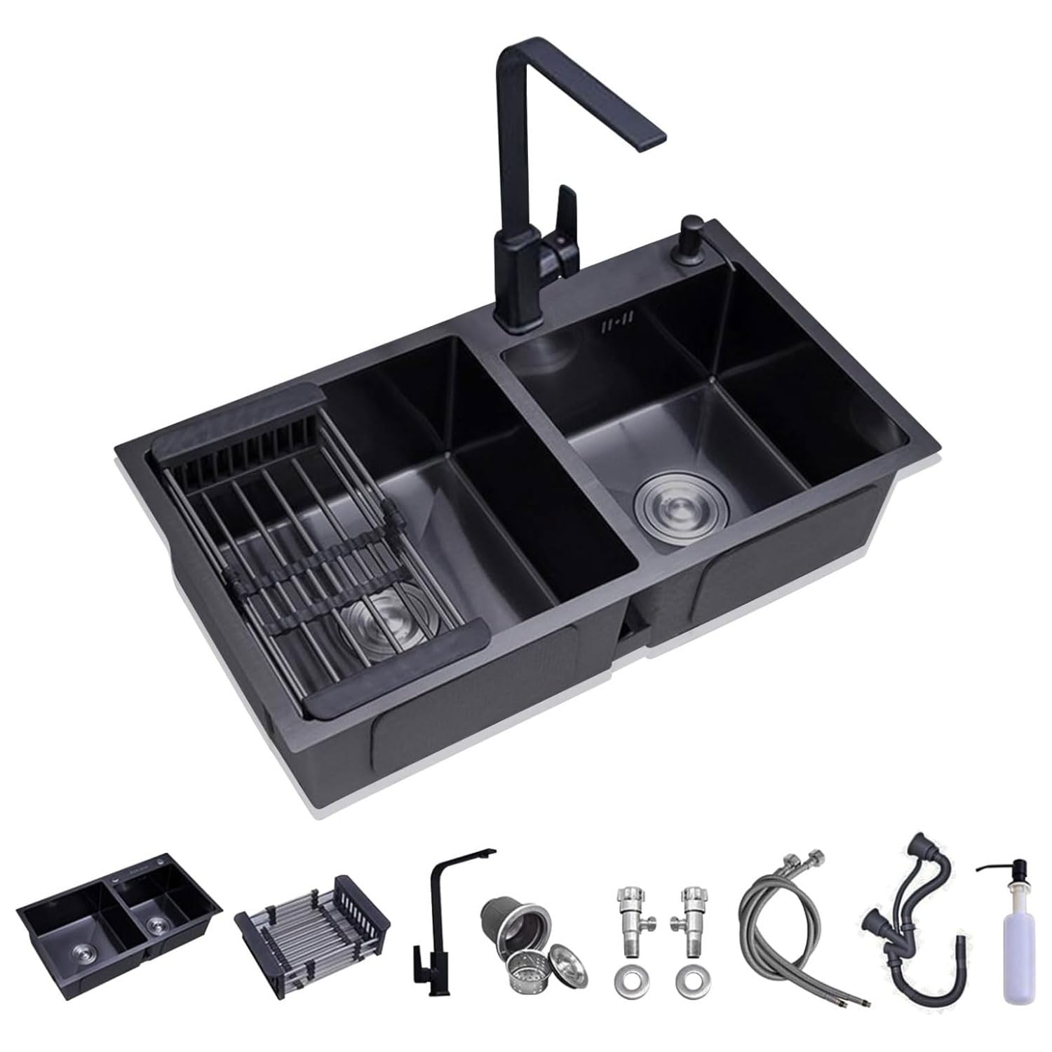 ZTCHSENZT Stainless Steel Double Bowl Kitchen Sink - Topmount Undermount Handmade Workstation Sink with Drain Tray for Restaurant Kitchen,7-81x43cm