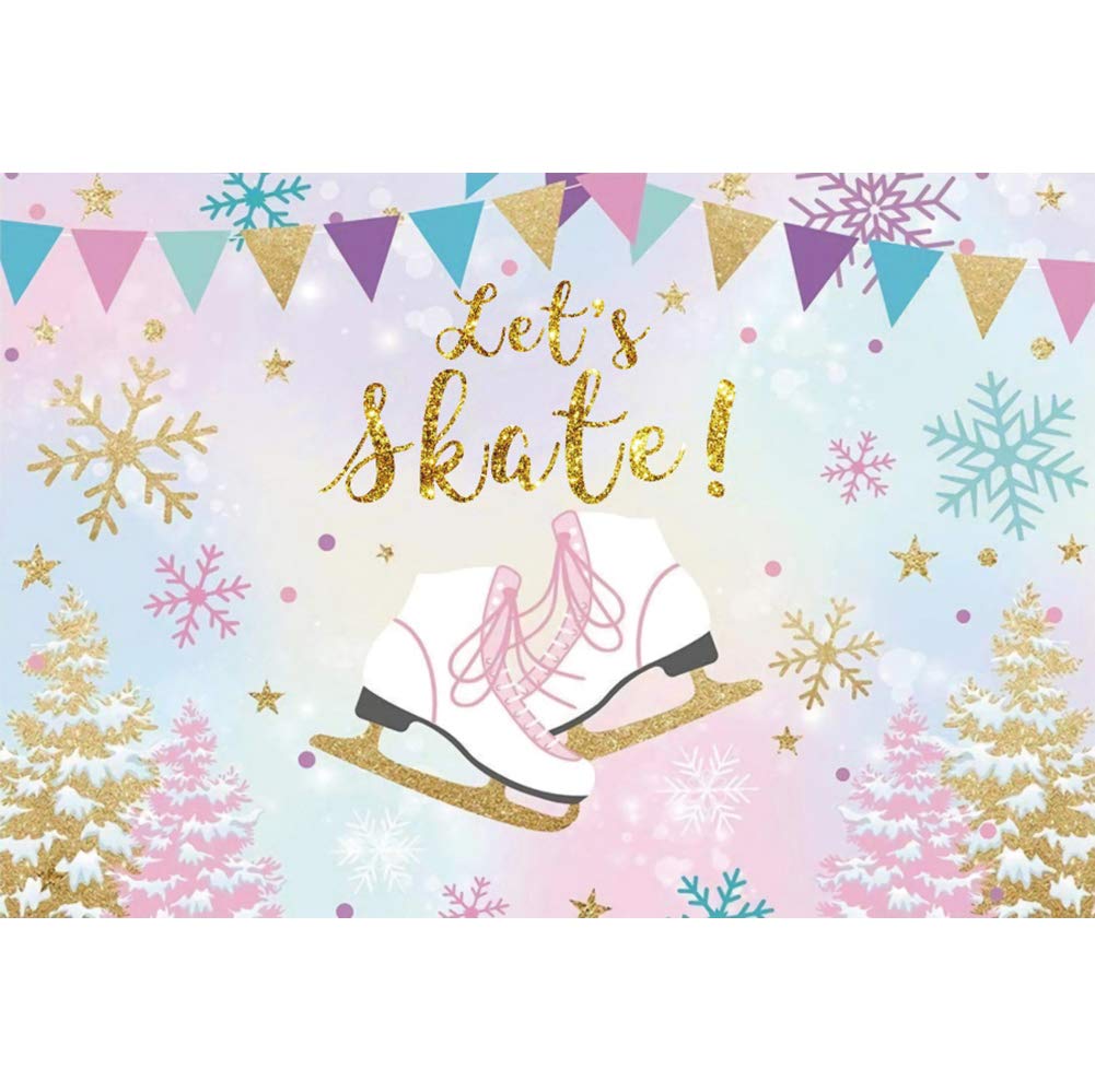 CSFOTO 8x6ft Let's Skate Backdrop Ice Skates Snowflakes Birthday Party Background for Photography Children Kids Theme Party Photo Wallpaper