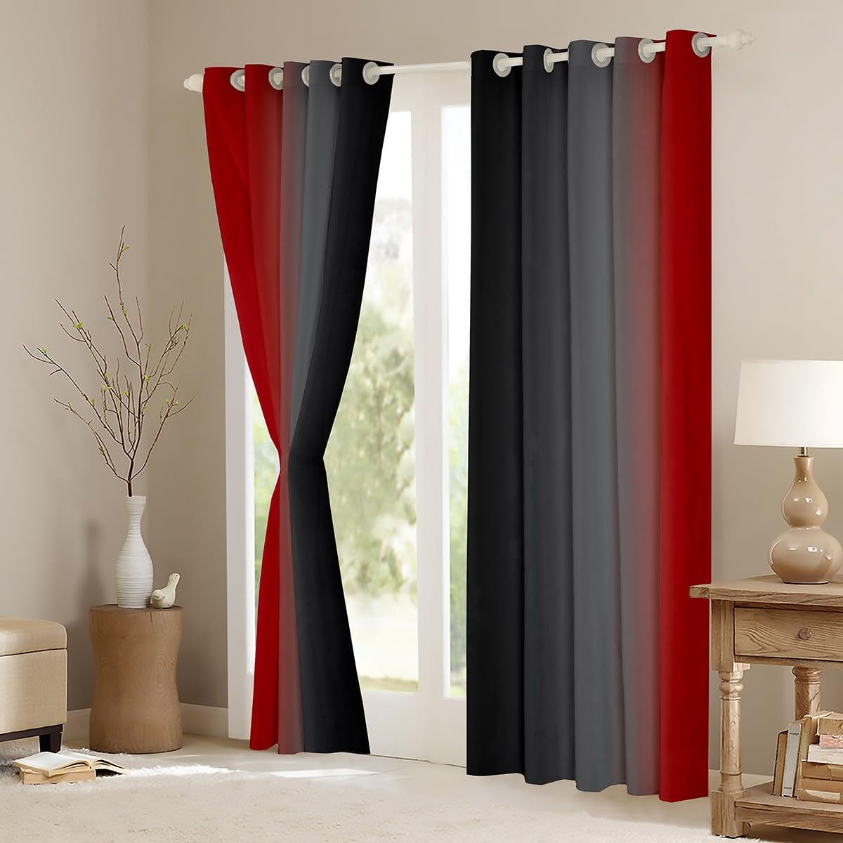 Homewish Red Grey and Black Curtains for Bedroom,Rainbow Ombre Blackout Curtains Aesthetic Living Room Decor,Gradient Colorful Curtains & Drapes Abstract Window Curtain 2 Panels 66x72 - Image 3