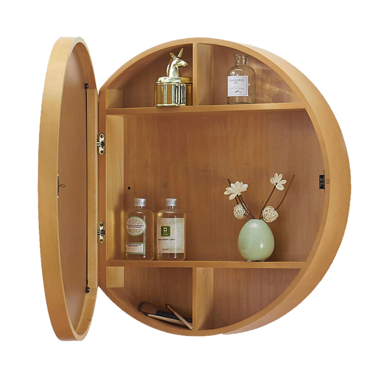 FGXHHS Round Vanity Mirror with 3-Tier Storage Shelves, Wall-Mounted Wooden Medicine Cabinet Mirrored Doors for Bedroom and Bathroom Decor, Space-Saving nizer