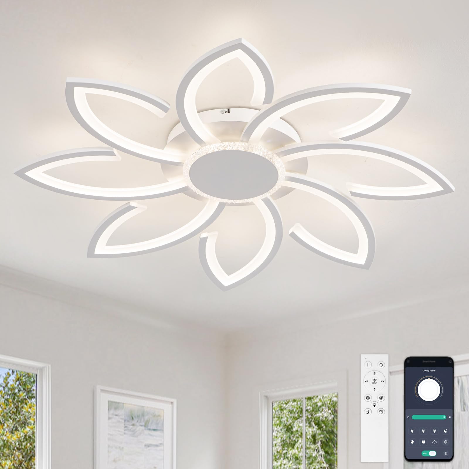 Led Ceiling Light with Remote Control, 31.5" Chandeliers Ceiling Light Dimmable for Living Room, 98W, 8000LM, Ceiling Lighting Fittings Flower Shape Design for Lounge, White