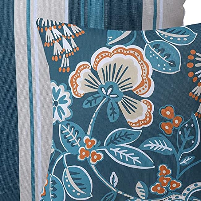 Phantoscope Pack of 2 Outdoor Indoor Throw Decorative Pillow Cover Floral Striped Waterproof Patio Pillows Cushion Case for Couch Tent Park, Dark Blue 18 x 18 Inches