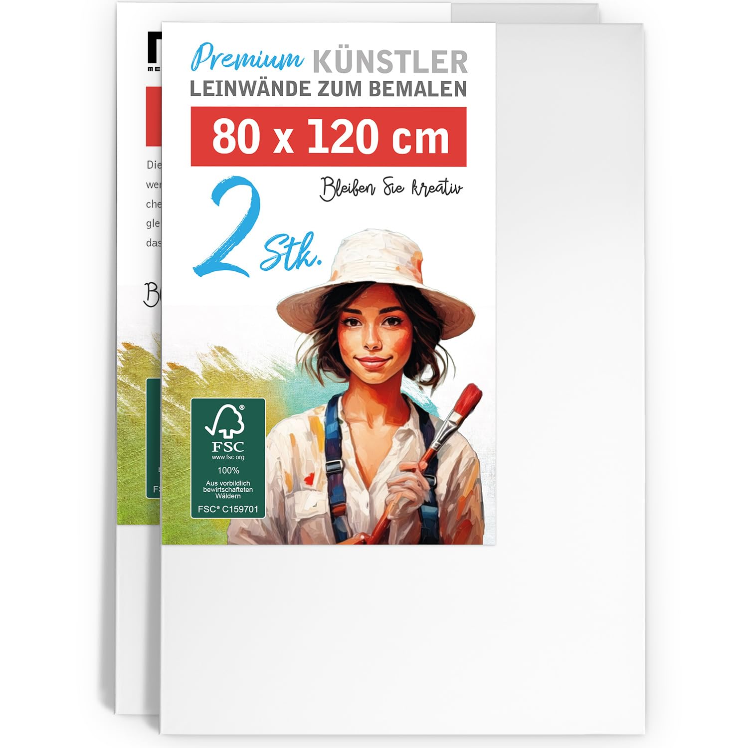 2er-Set Künstler-Leinwand zum Bemalen 80x120cm groß. Die leere, weiße Leinwand aus 100% Baumwolle ist umlaufend gespannt auf FSC® Holz-Keilrahmen mit 17mm Stärke, 280g/m², 2-fach weiß grundiert