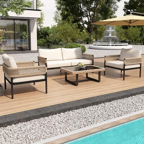 Jtyca Conjunto Jardin Exterior, Juego de 4 Muebles de Jardín con Estructura de Hierro Galvanizado, Muebles Terraza Exterior, Muebles de Jardín con Tablero de Cristal Liso, Patas Ajustables, Beige